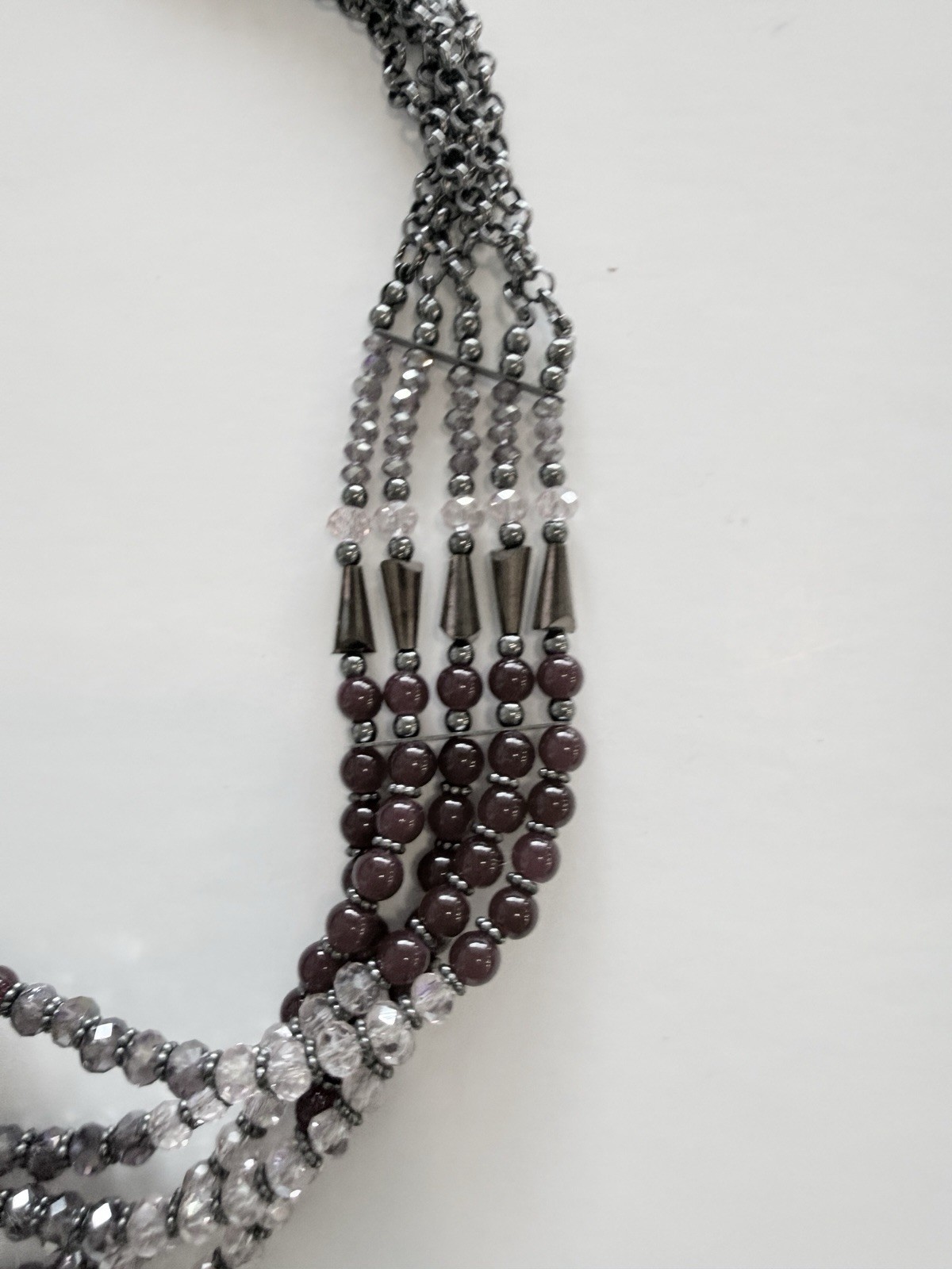 Silver Tone Purple Glass Beaded Multi-Strand Layered Necklace Lobster Adjustable