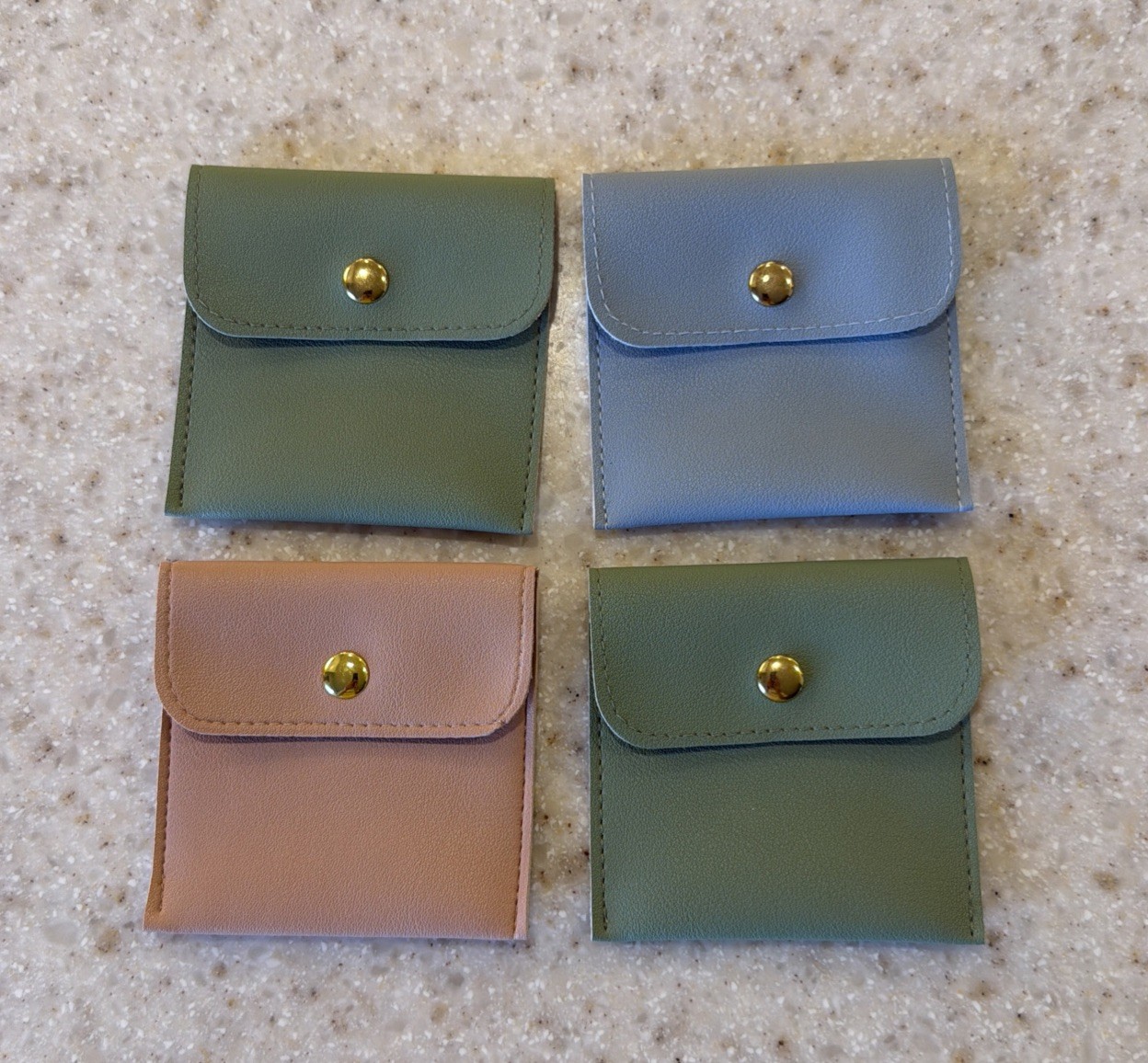 4 Assorted color Soft Vegan Leather Jewelry Pouches w/Snap Button