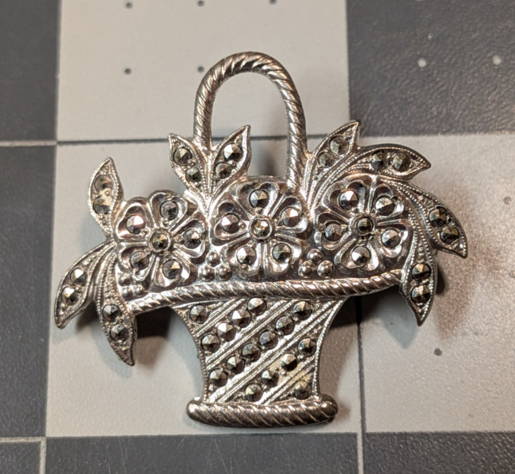 Vintage Sterling Silver Marcasite Flower Basket Brooch Pin 6.58g