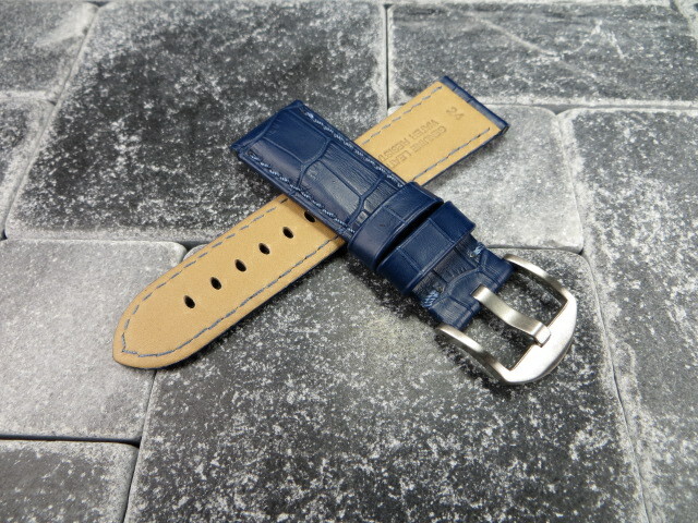 22mm Leather Watch Band Navy Blue Tang Tongue Strap for fits PANERAI Blue x1 R