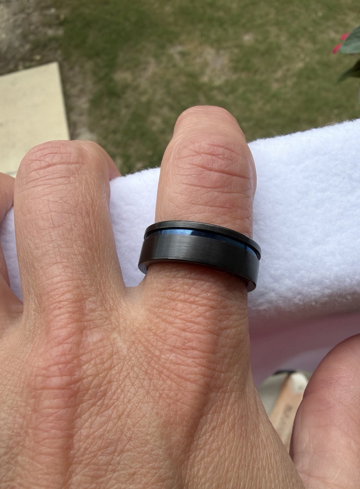 Zales Triton Men’s 8mm Black/Blue Tungsten Comfort Fit Engraved Band 10