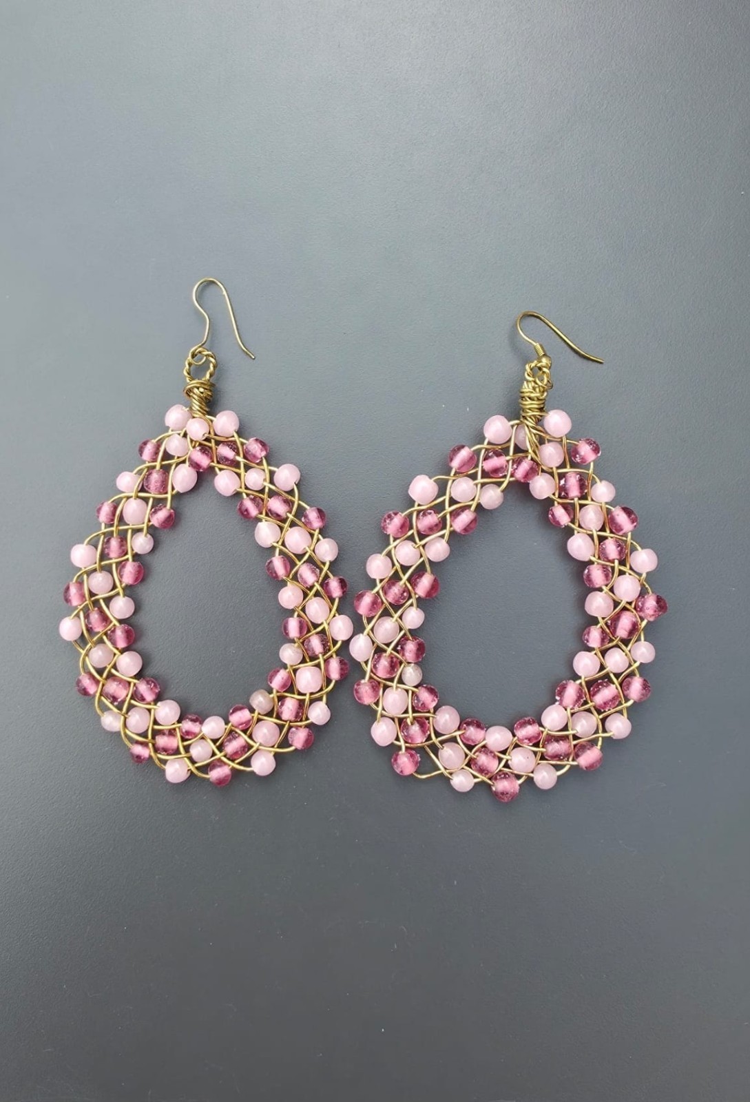 Handmade Pink Beaded Wire Earrings – Boho Dangle Drop Earrings Gold Tone Jewelry