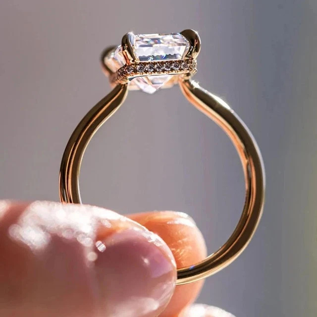 3.20Ct Emerald Moissanite Hidden Halo Solitaire Ring 925 Silver 14K Vermeil Gold