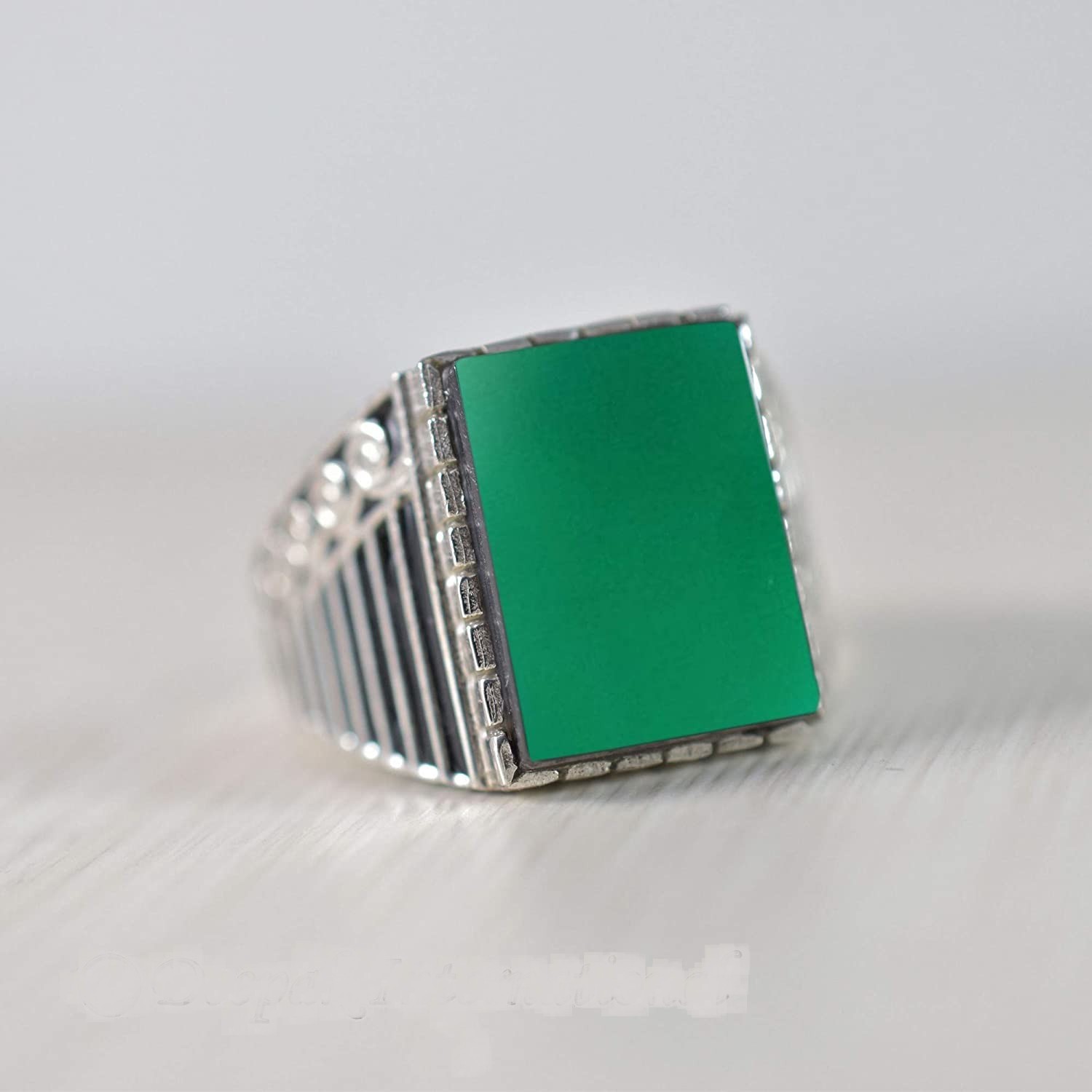Solid 925 Sterling Silver Natural Green Onyx Gemstone Signet Men’s Unisex Ring