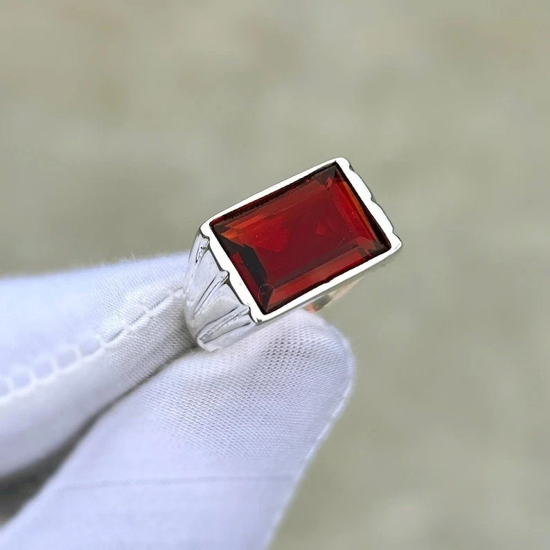 Men’s 925 Sterling Silver Garnet Signet Ring Red Gemstone Jewelry Gift for Him