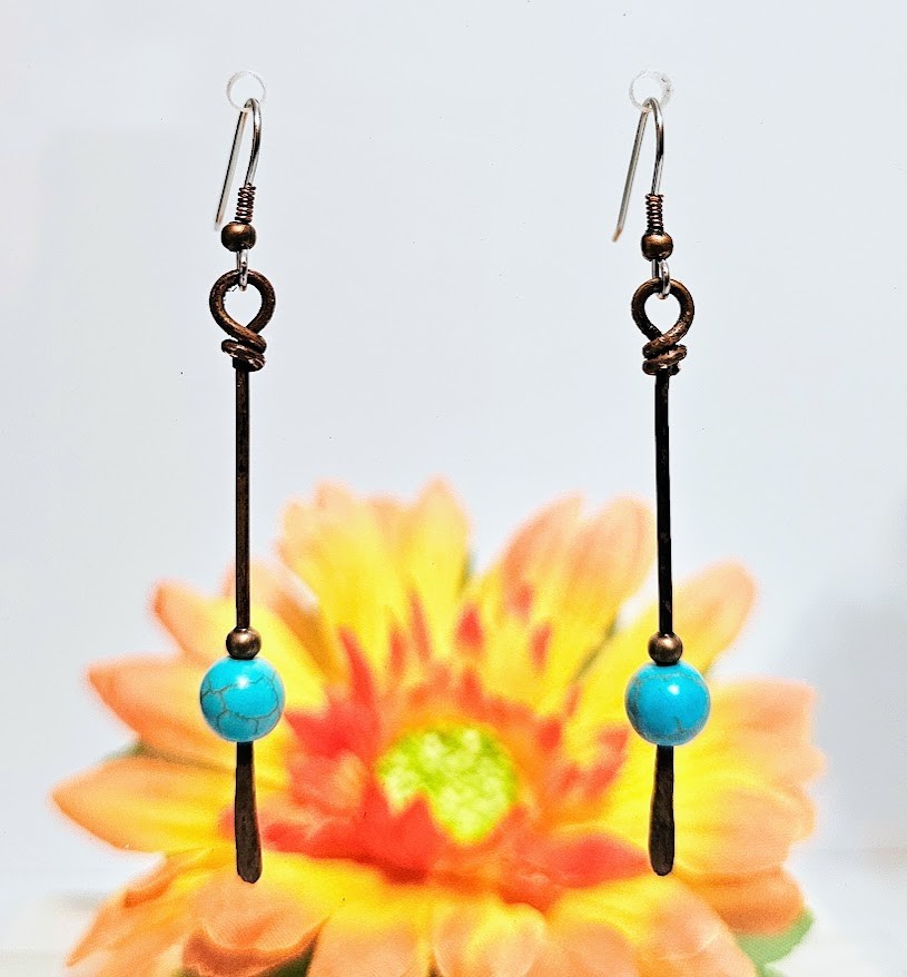 Handmade Copper Stick Dangle Earrings Blue Magnesite Beaded Boho Drop