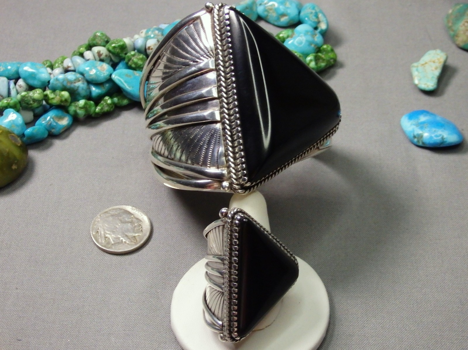 NAVAJO Yazzie Black ONYX Sterling Silver 114g 7″size Cuff & 36g Ring sz8.5 RARE