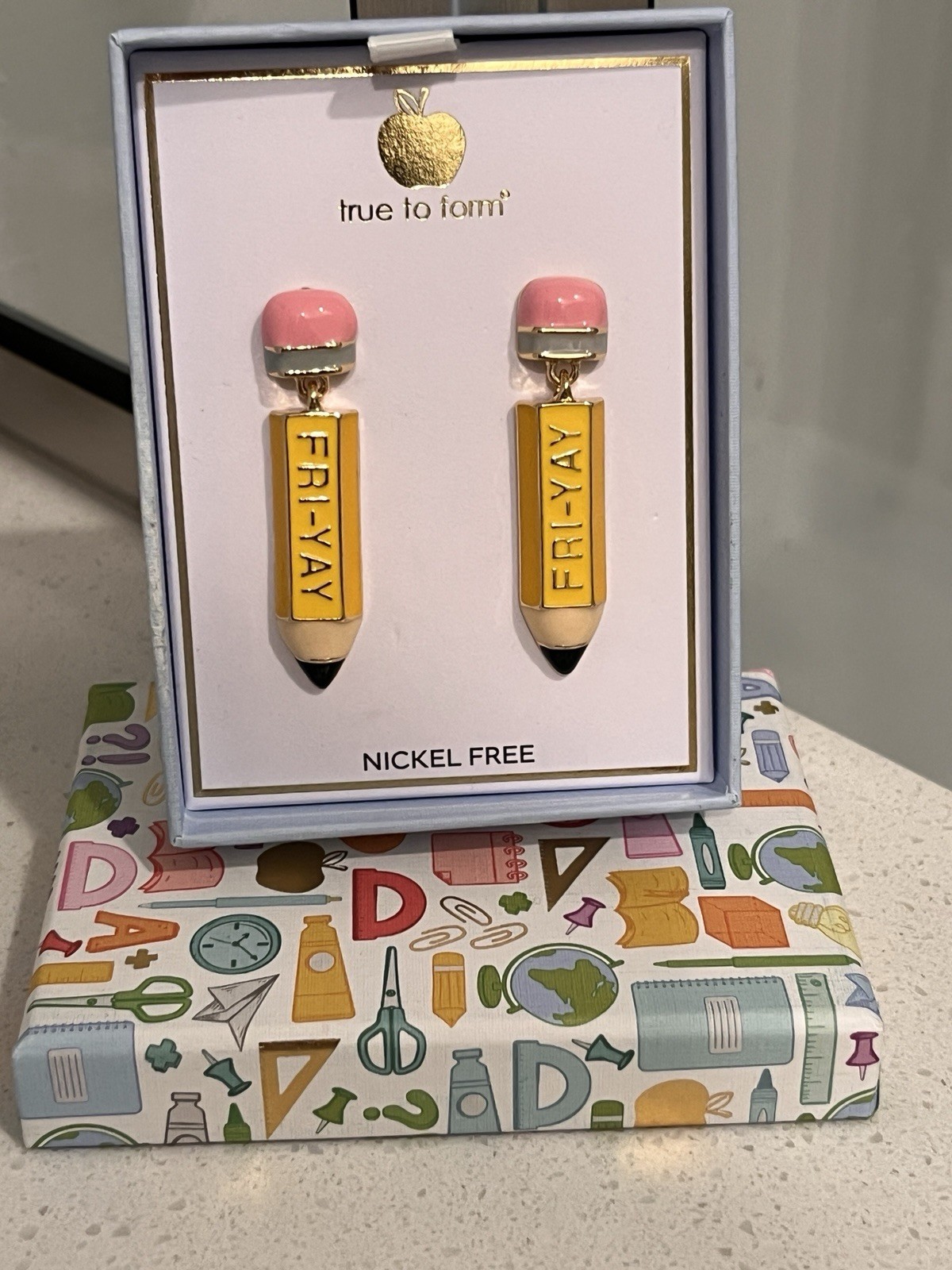 True to Form Nickel-Free Enamel Pencil Dangle Earrings Yellow/Pink School
