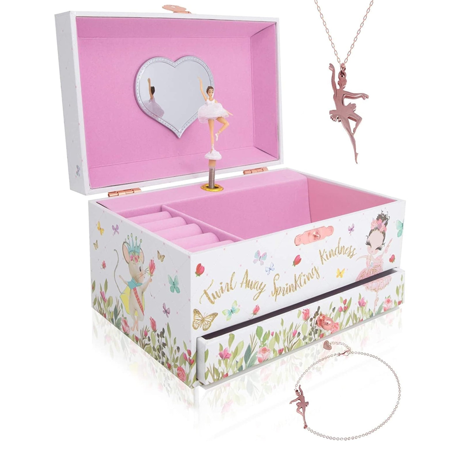 Ballerina Musical Jewelry Box with Storage Organizer for Kids Ages 6-12 MDF Wood