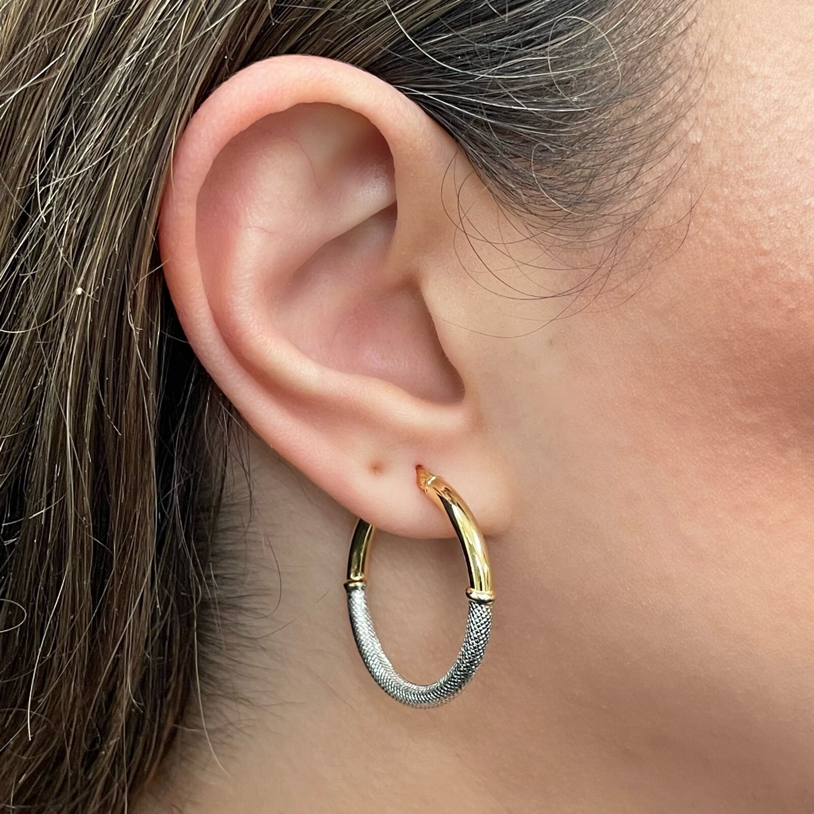Italian 14k Yellow & White Gold Waffle Texure & Shine Hollow Hoop Earrings 1.2″