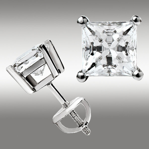 3.0 Ct Princess Cut FL/D GRA Moissanite Stud Earrings 14K Solid White Gold Gift