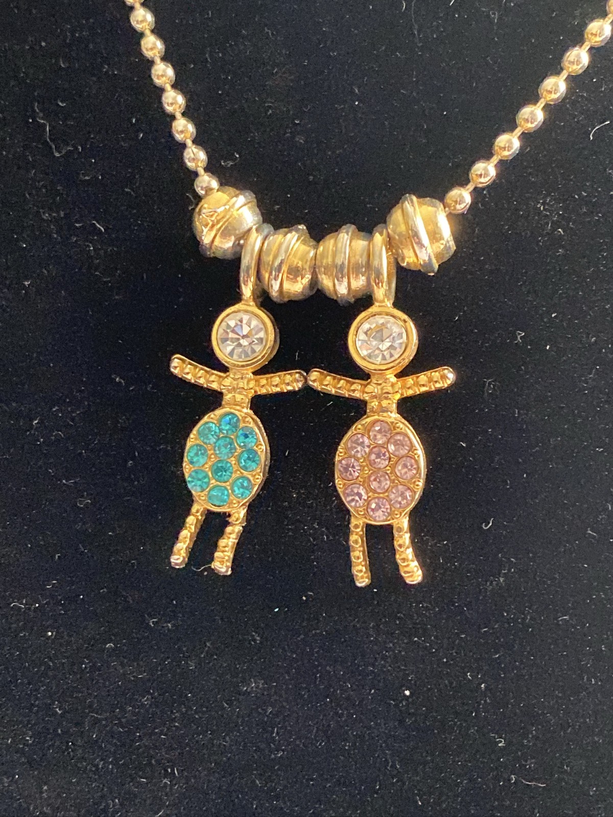 Little People Charm Necklace 32”Chain 16.04g GoldTone Birthstone Pink Green 25mm