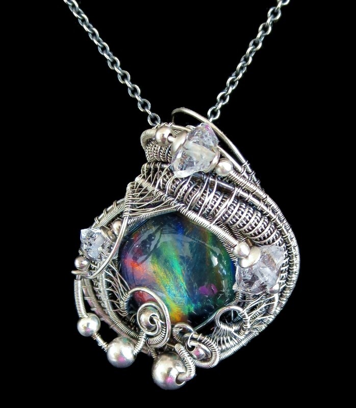 Aurora Opal Wire-Wrapped Pendant in Sterling Silver with Herkimer Diamonds