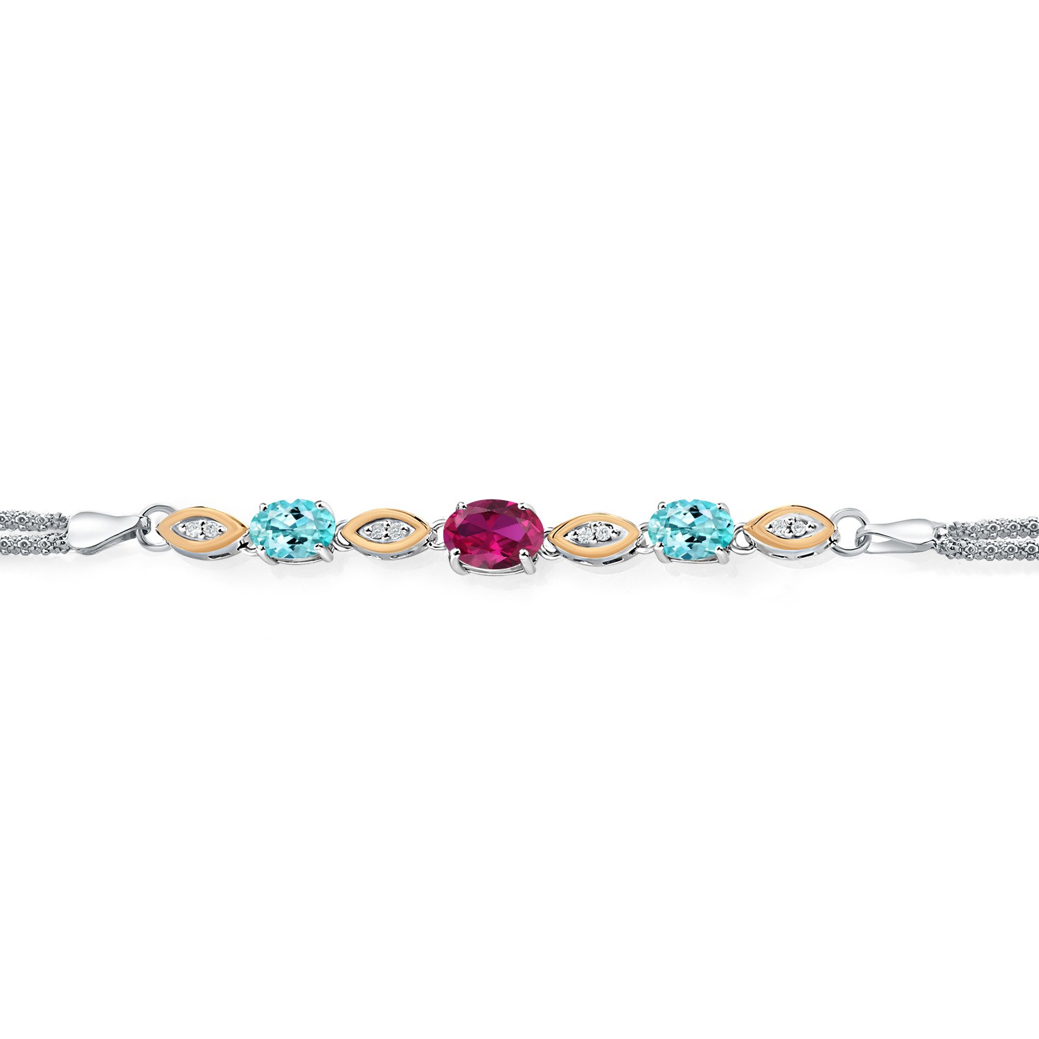 925 Silver and 10K Yellow Gold Created Ruby and Blue Apatite and White Lab