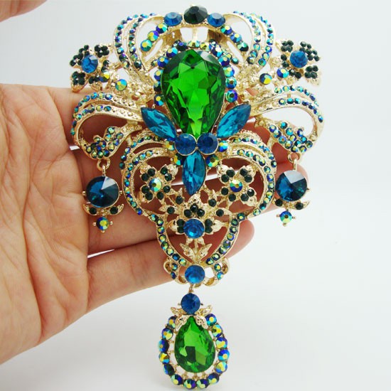 New Retro Classic Flower Drop Green Brooch Pin Pendant Rhinestone Crystal