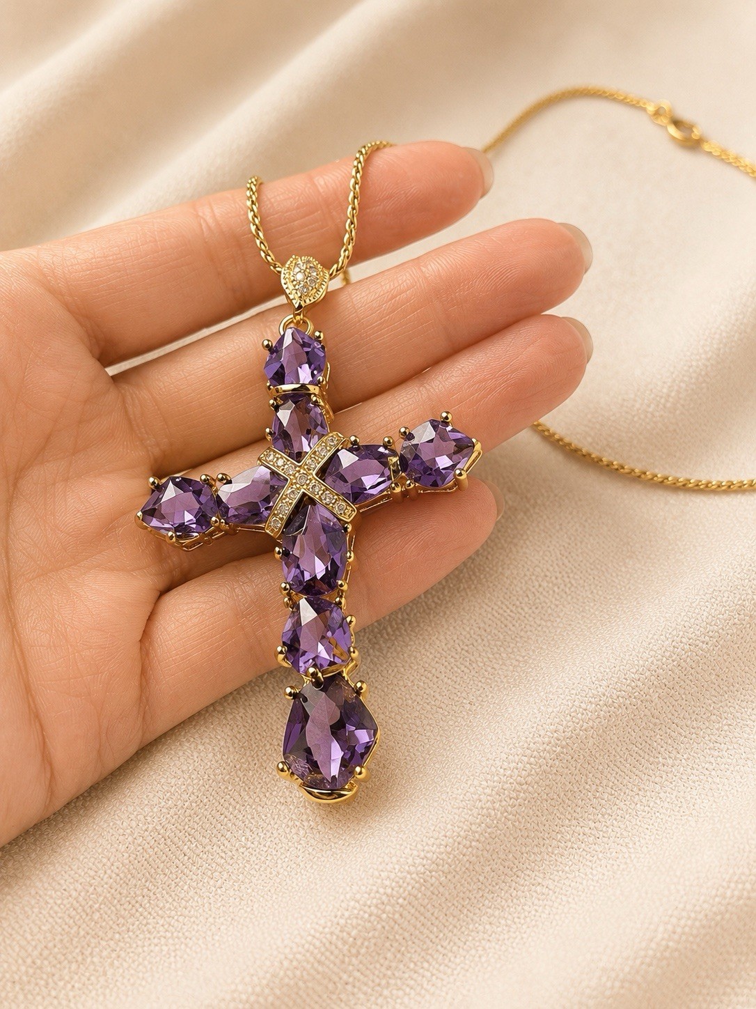Real Collectibles Adrienne Amethyst Crystal Cross Necklace Gold HSN Box & Card