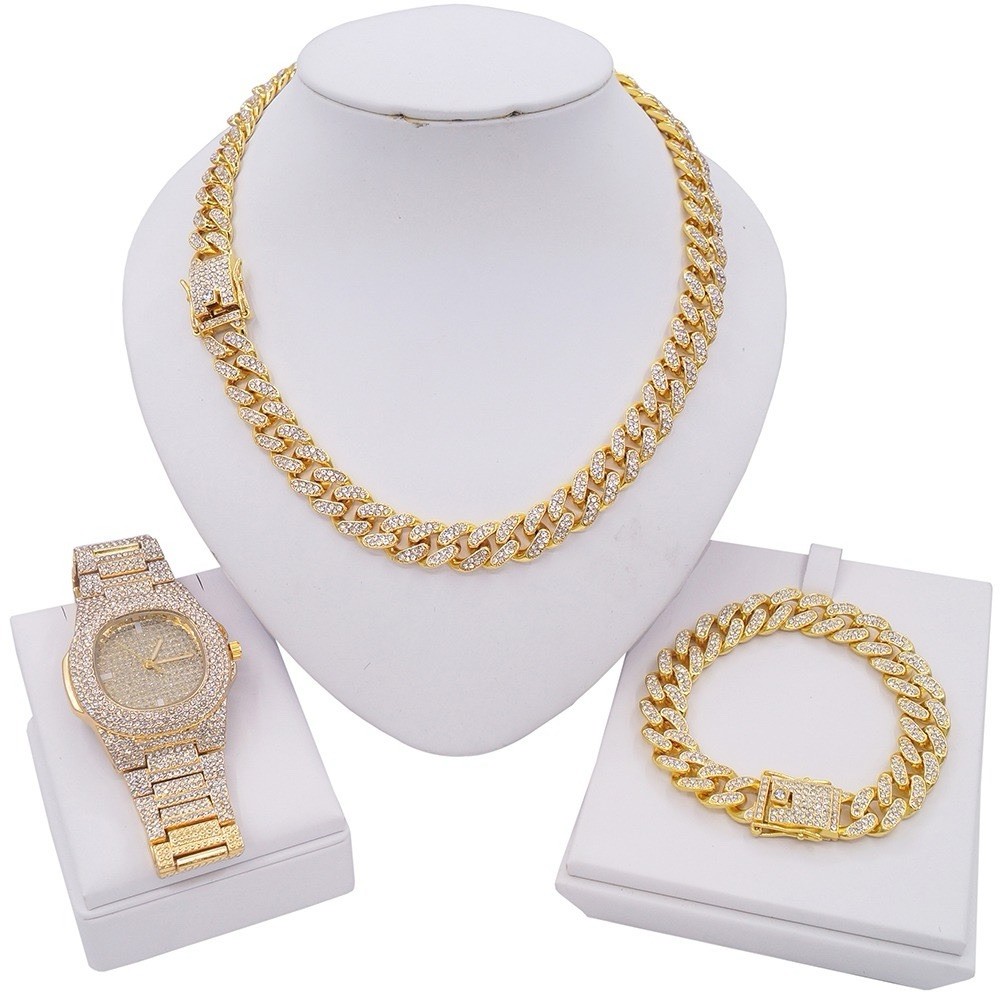 3 Piece Set , Necklace, Bracelet, Watch – Gold Plated 14K