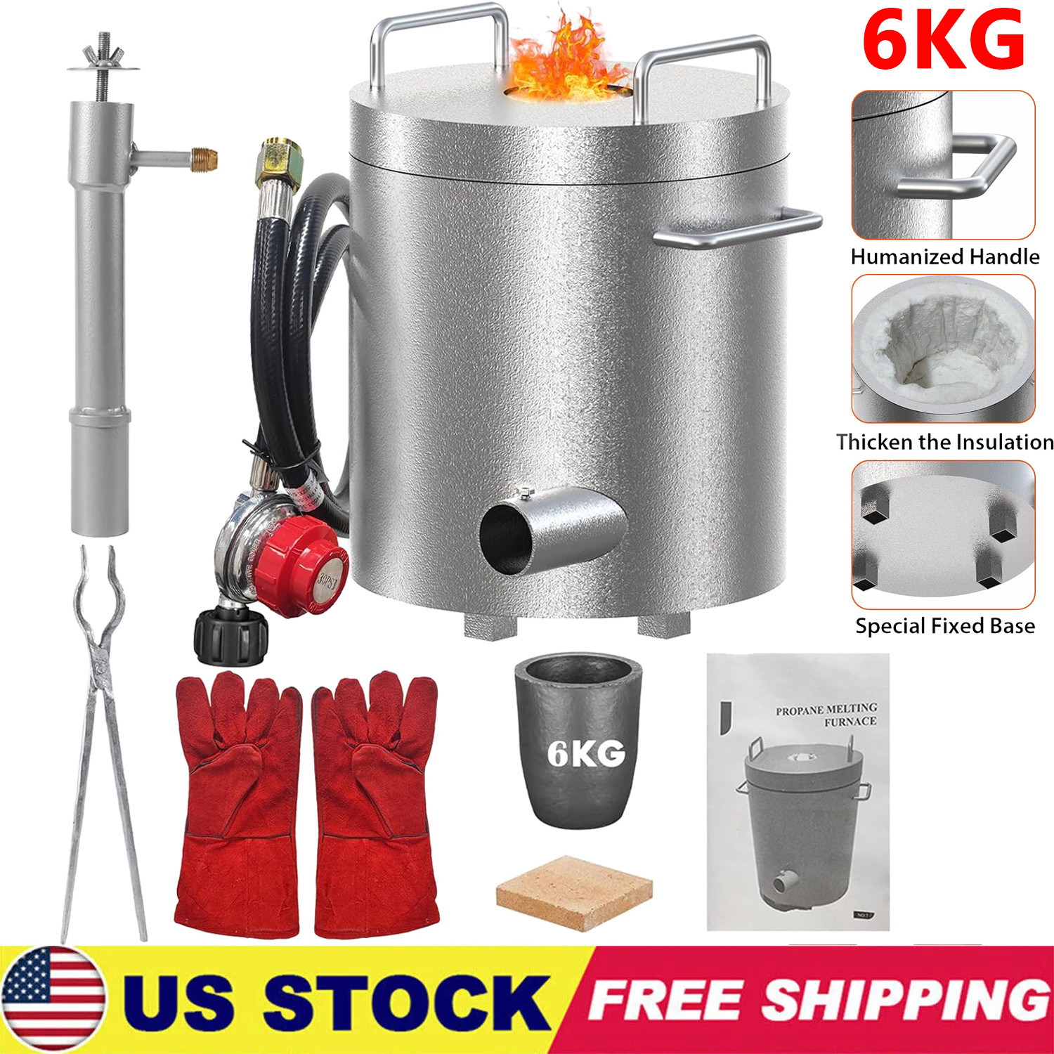 6KG Propane Melting Furnace Propane Smelting Metal Gold Copper Crucible DIY US