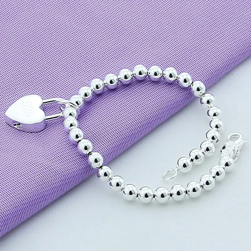 925 Sterling Silver Heart Lock Bead Bracelet 7” long lobster closure