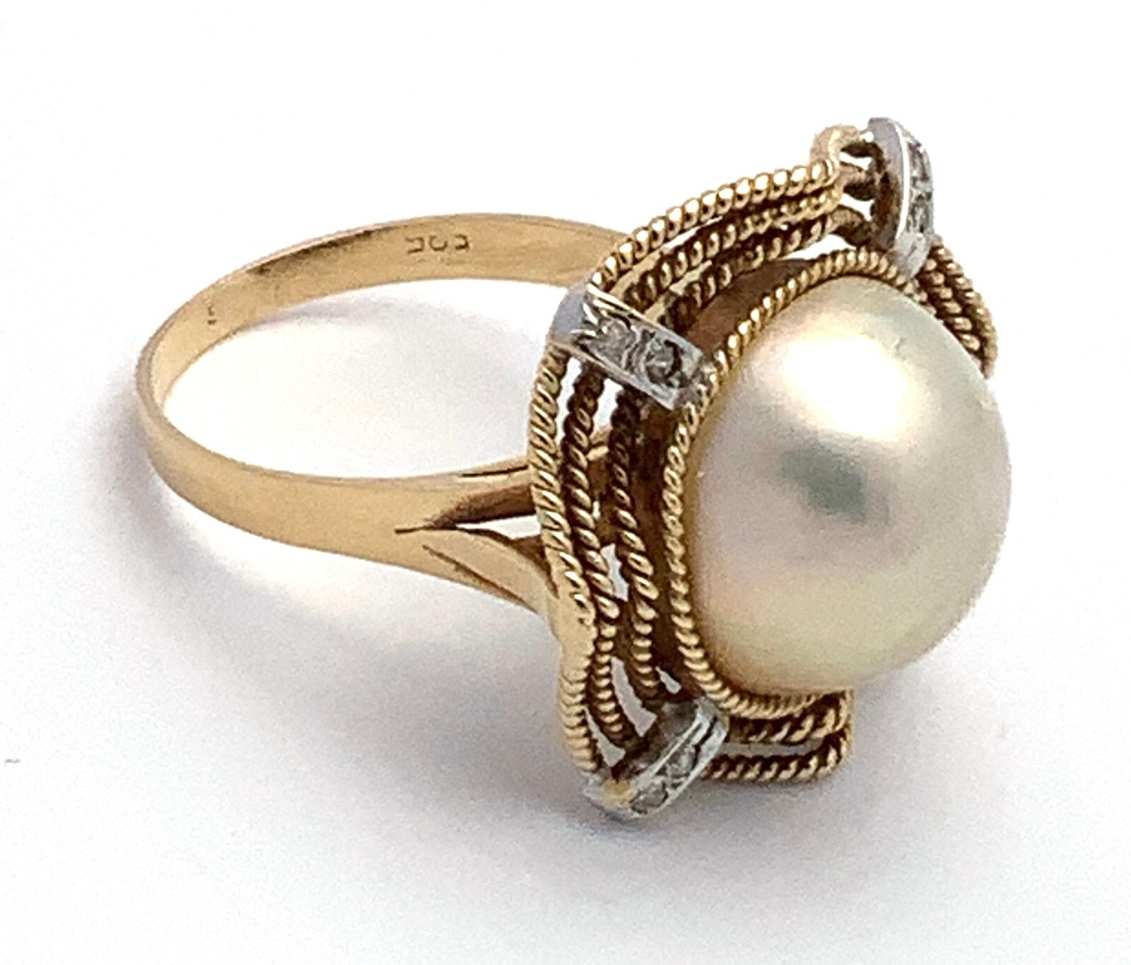 VINTAGE 8 DIAMOND & 12.4MM MABE PEARL 14K GOLD RING