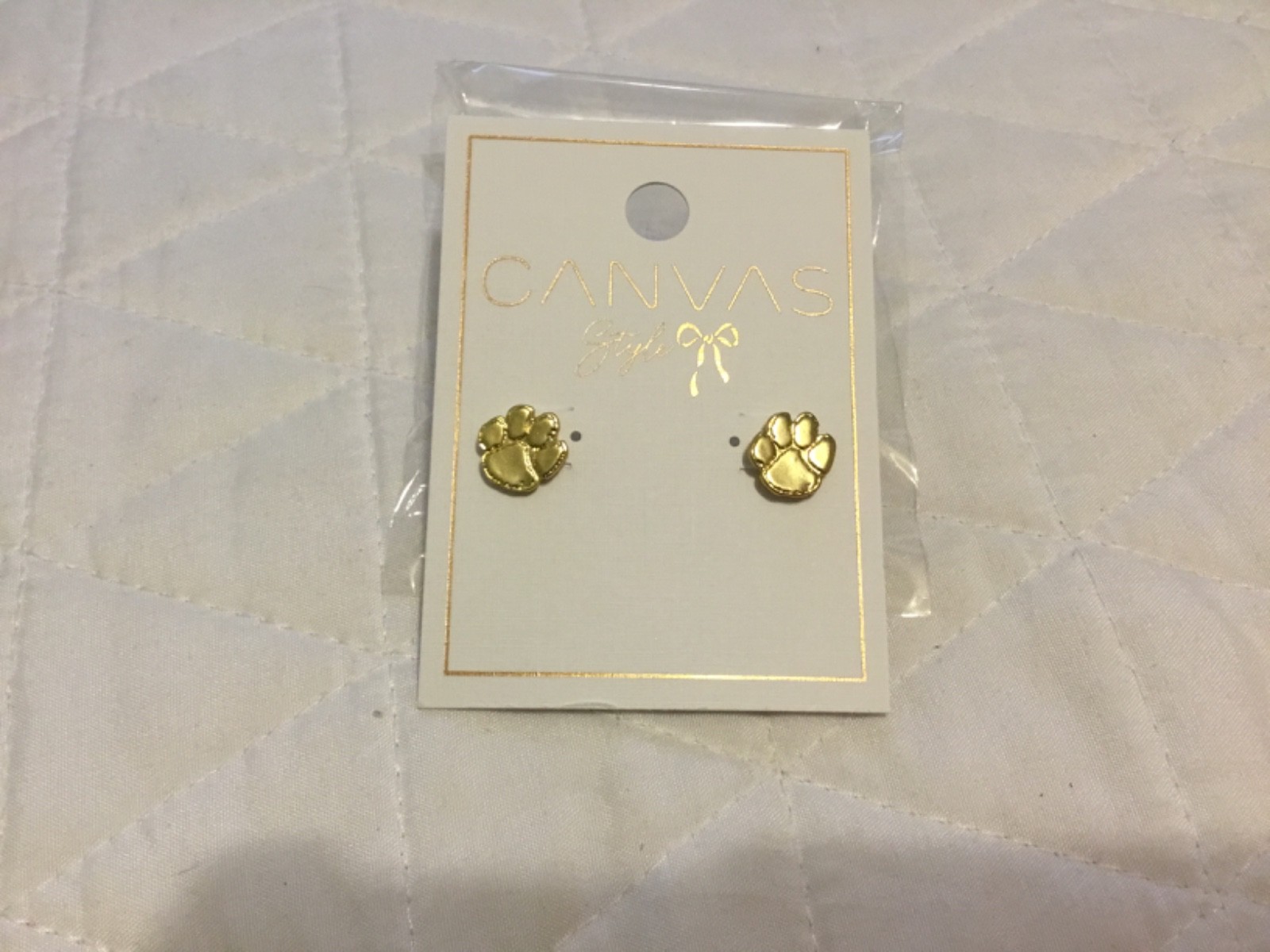 Canvas Style Gold Tone Clemson Paw Stud Earrings New