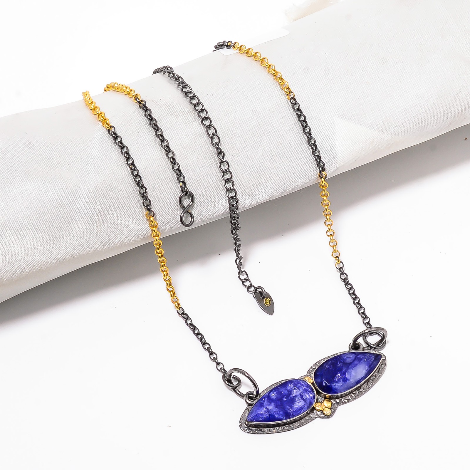 Blue Sapphire – Simulated Black & Gold Rhodium 925 Silver Chain Pendant 18-22″
