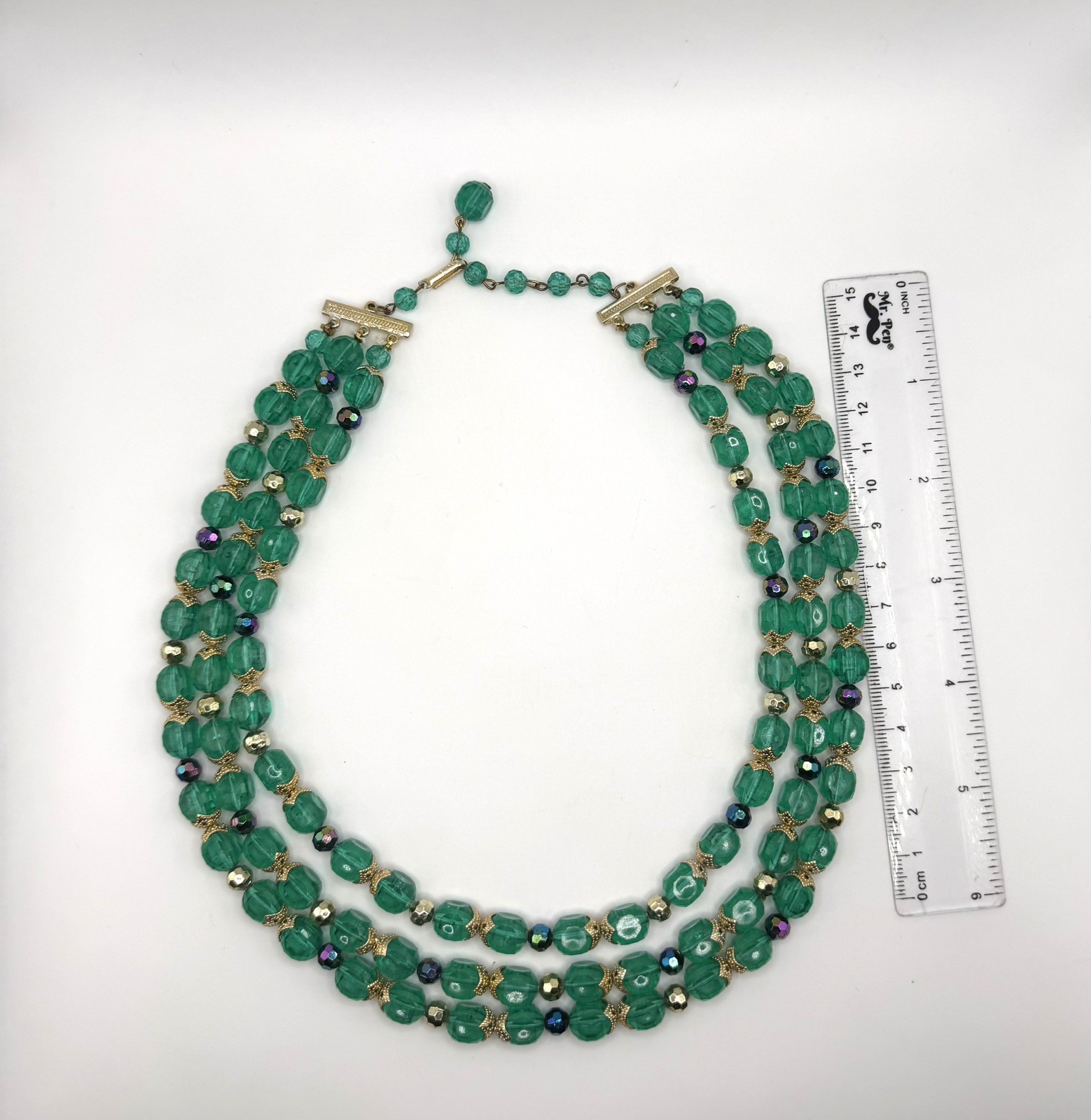 Hong Kong Vintage Vibrant Green Bead Triple Strand Necklace~Signed