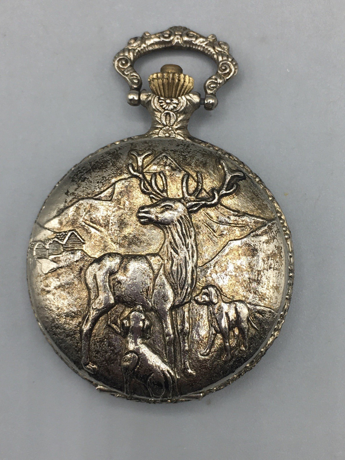 Remington Pocket Watch Men Elk & Dogs Silver Tone Manual Antimagnetic Vintage