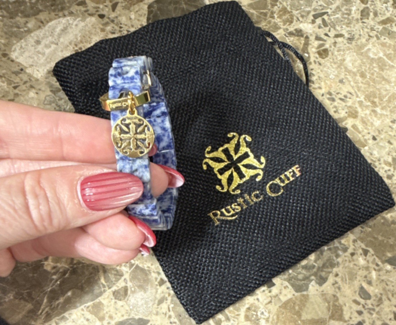 Rustic Cuff Blue Stone Beaded Bracelet Gold Dangle Charm Round 7″