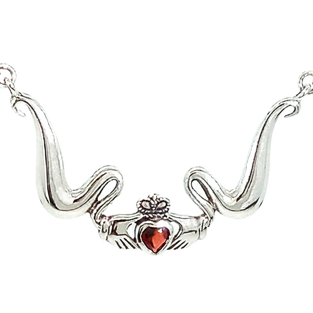 Vintage 925 Sterling Silver Faceted Garnet Heart Celtic Claddagh Necklace