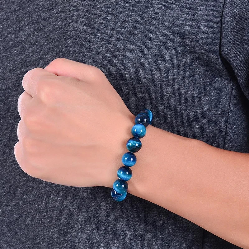 Natural Blue Tiger Eye Stone Bracelet Energy Crystal Beaded Gift for Men Women