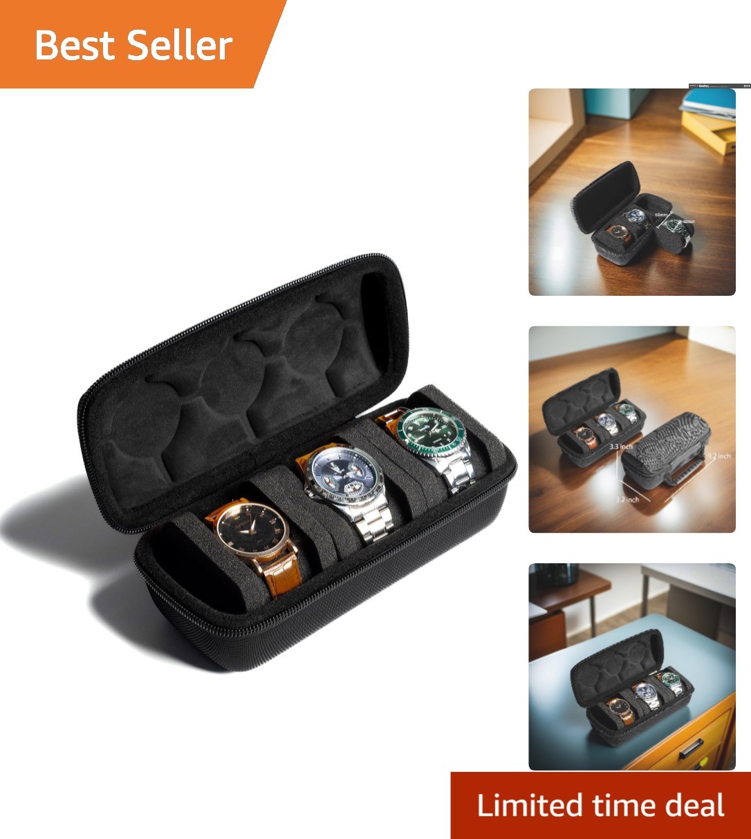 Elegant 3-Slot Hard Watch Travel Case with Soft Pillows – Lightweight Organizer