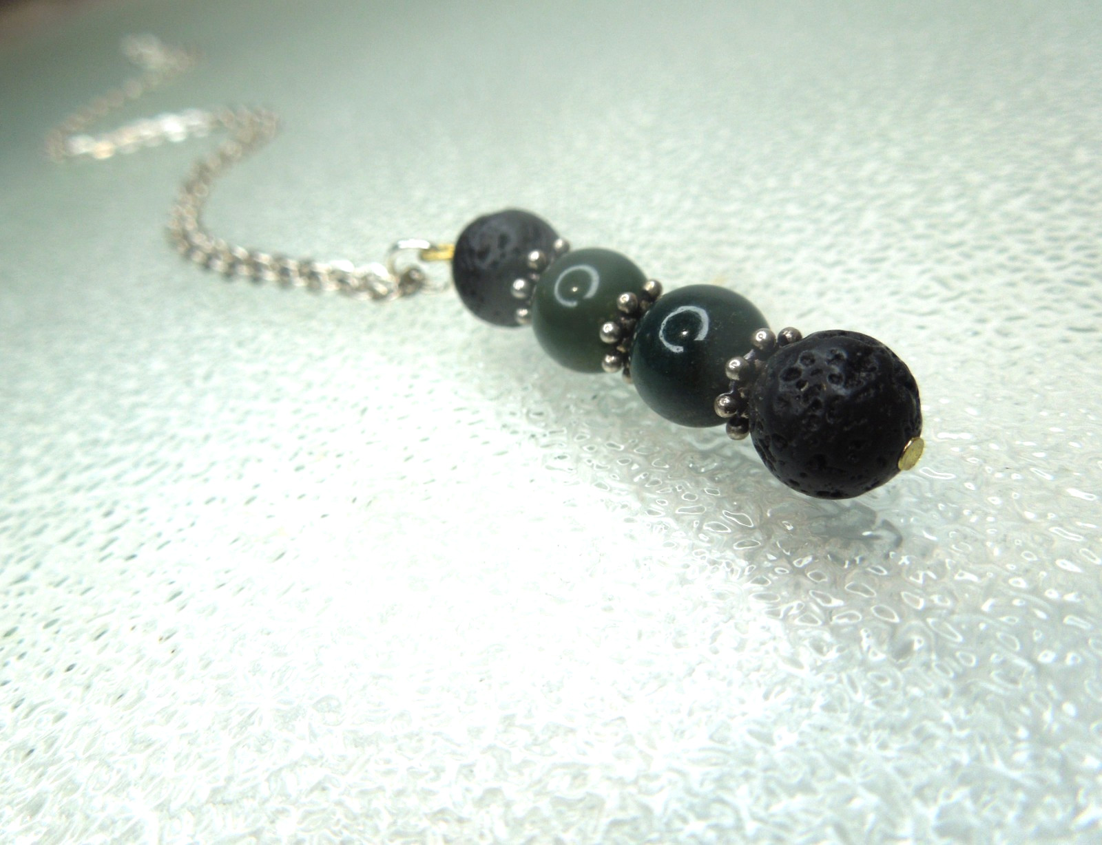 Black Gemstone Pendant Necklace Sterling Modern Style Lava stone Moss Agate