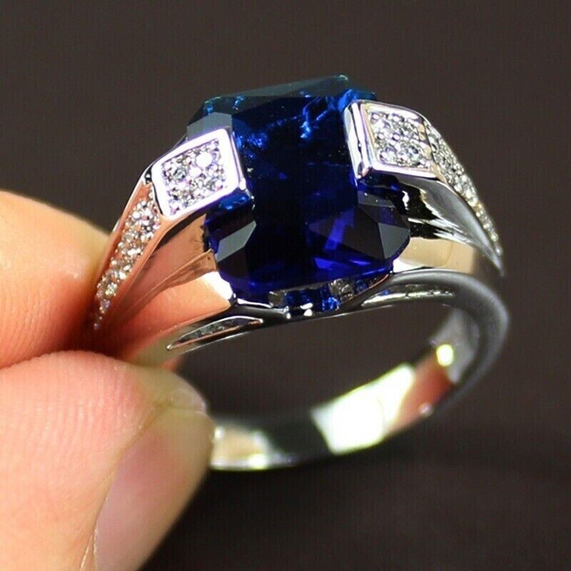 2Ct Emerald Cut Lab Created Sapphire Solitaire Men’s Ring 14K White Gold Plated