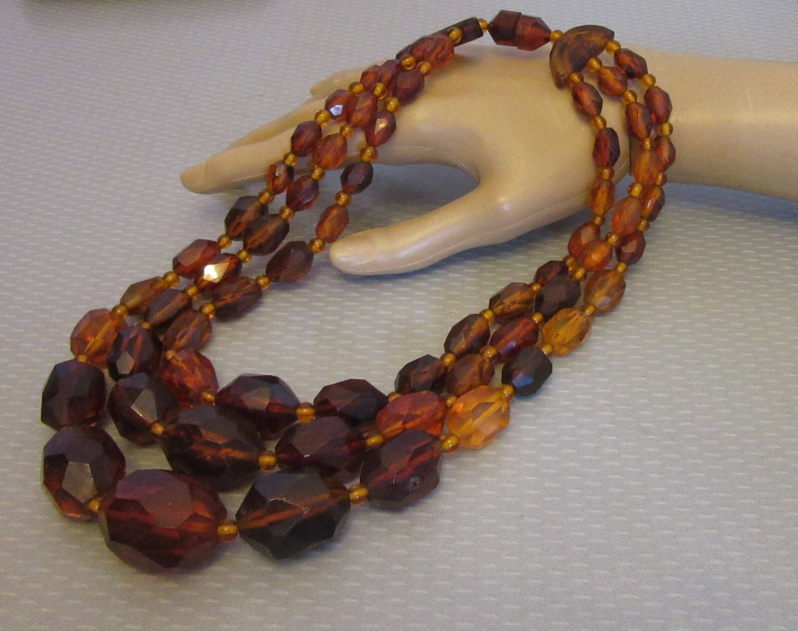 vintage Bakelite Bead Multicolor Clear Amber Triple Strand Necklace TESTED 153g