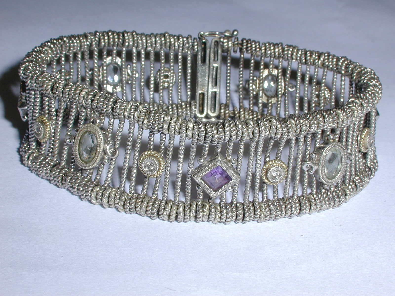 AMAZING- GABRIEL & CO STERLING 18K GOLD DIAMOND AMETHYST AQUAMARINE BRACELET-7.5