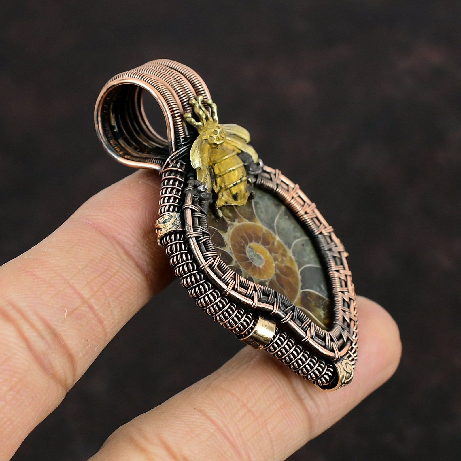 Ammonite Fossil Pendant Copper Wire Wrapped Gemstone Pendant Honey Bee Jewelry