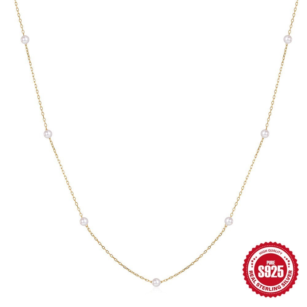 925 Sterling Silver Dainty Pearl Bead Station Chain Necklace for Women