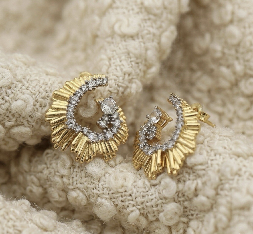 Art Deco Hoop Earrings Gold Molten Sunburst Fan Ribbed Textured Pave Abstract