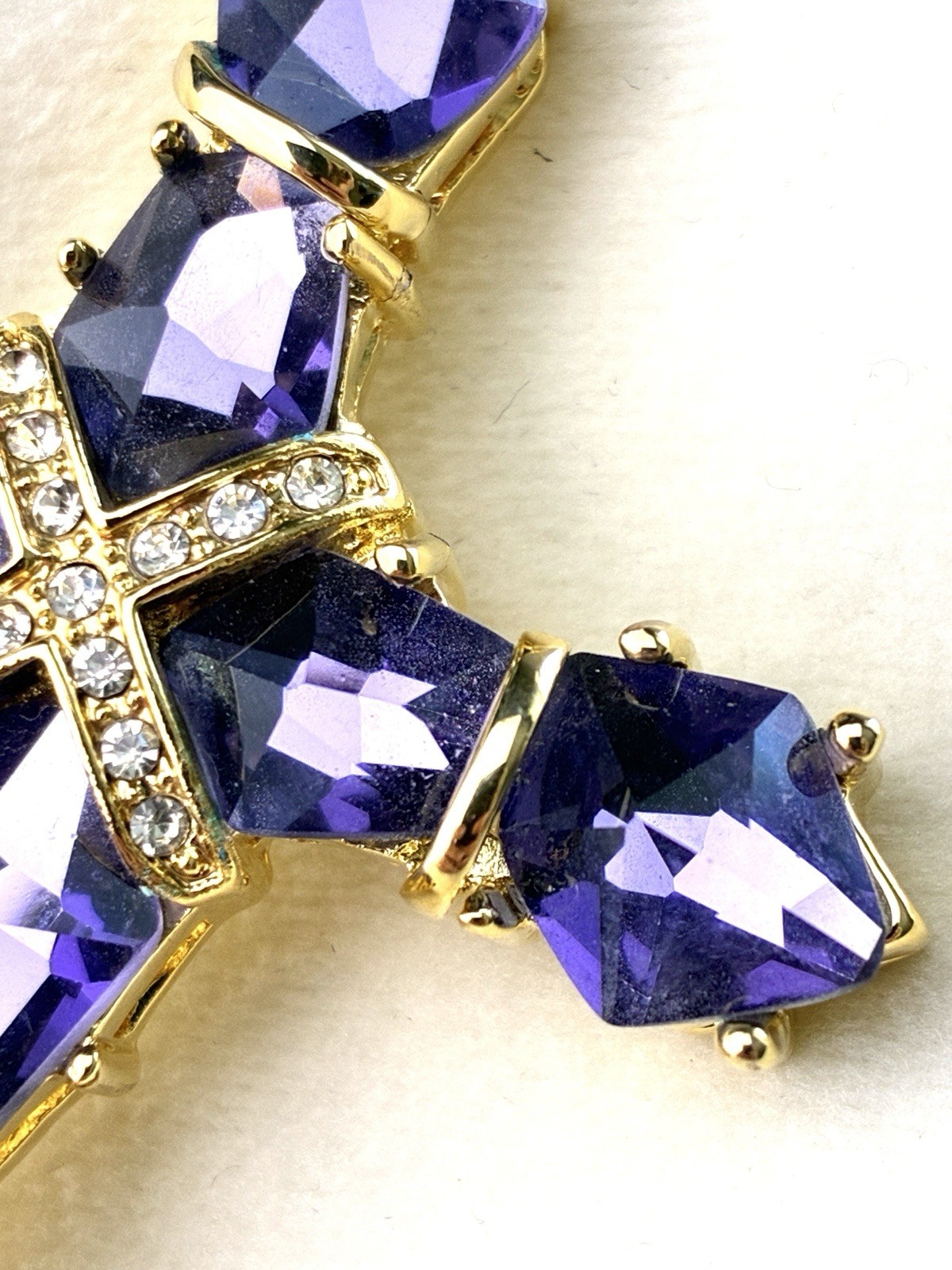 Real Collectibles Adrienne Amethyst Crystal Cross Necklace Gold HSN Box & Card