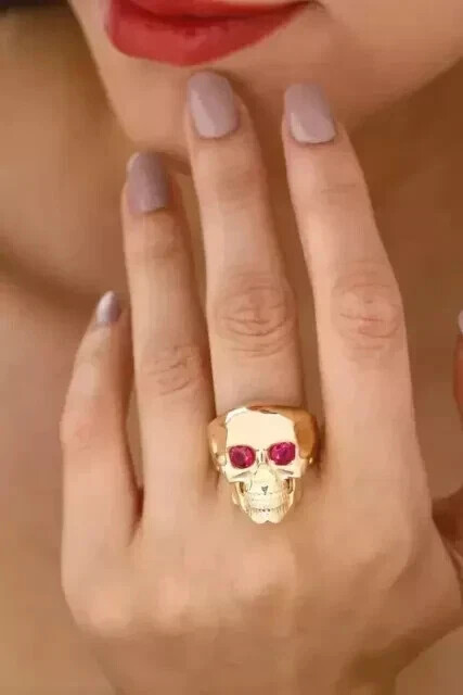 2 Ct Round Simulated Ruby Halloween Skull Band Ring 925 Yellow Sterling Silver