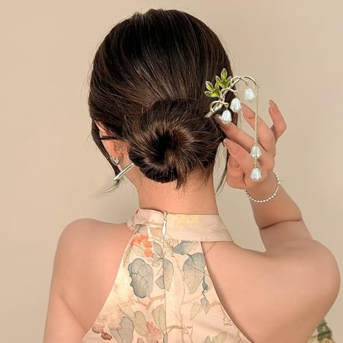2Packs Lily of the Valley Chinese Hair Sticks for Buns, Pearl Flower white