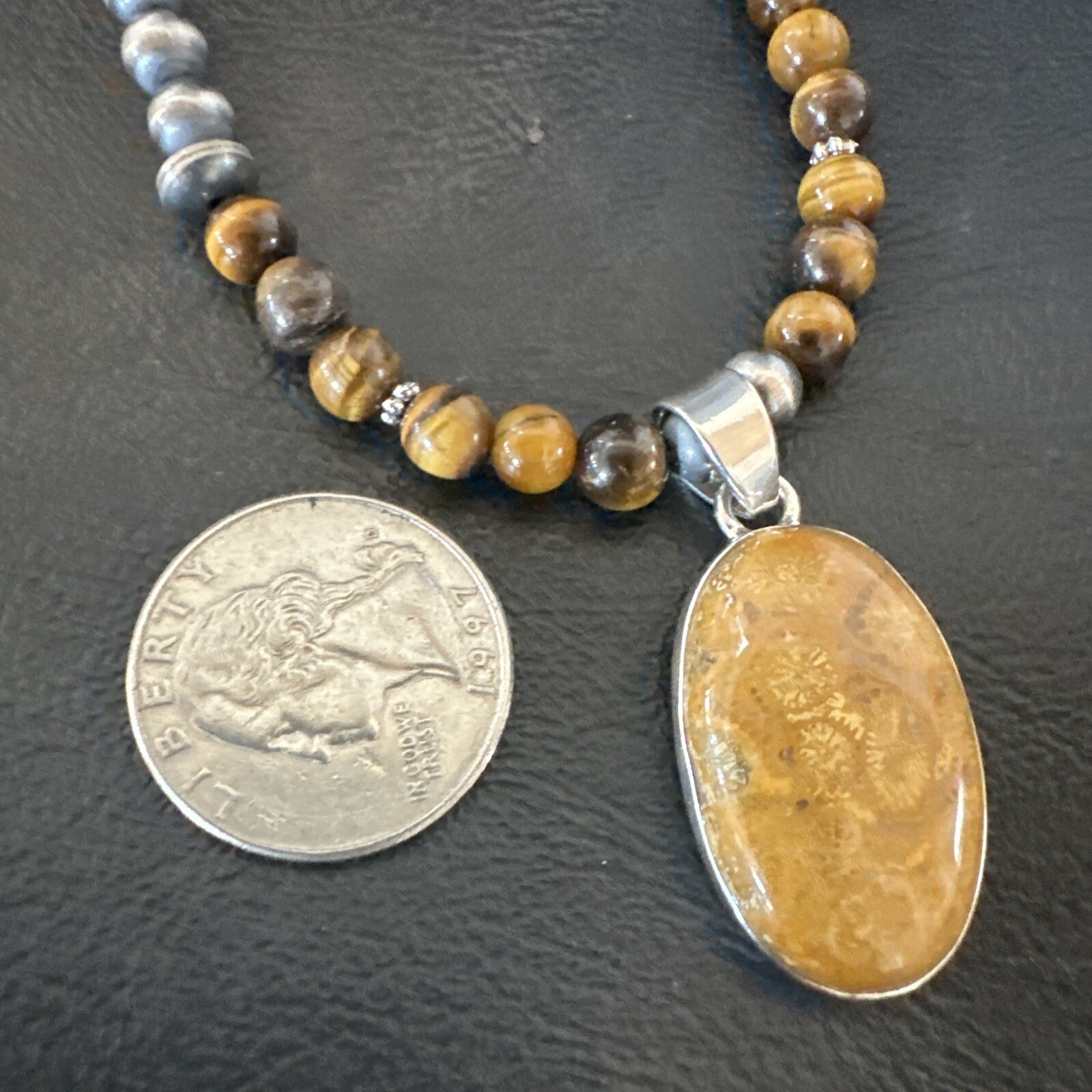 Coffee Brown Tigers Eye Sterling Silver Pendant Necklace Southwestern 18281