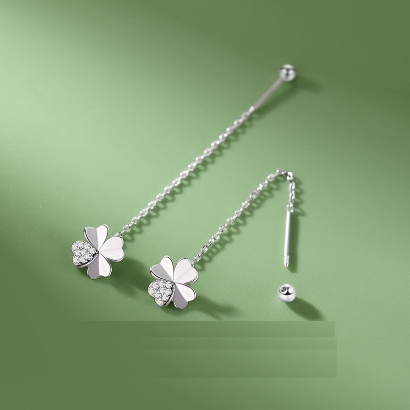 Silver Clover CZ Dangle Pull Through Threader Screw Stud Earrings AJ
