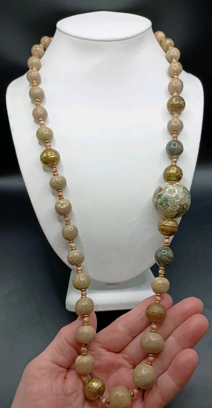 Vintage Chinese Export Cloisonne Floral Beaded Necklace Clay Brass 32” Long
