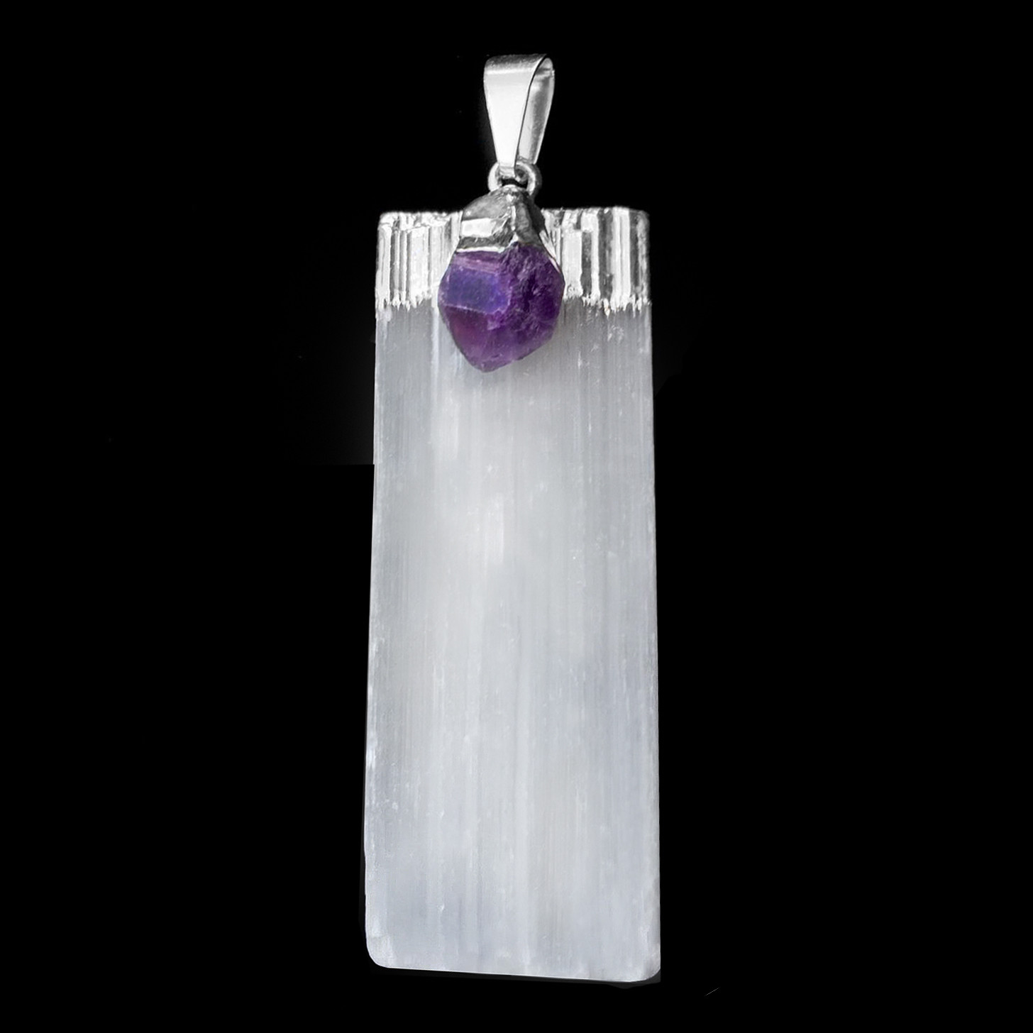Amethyst Selenite Crystal Chakra Stone Pendant Sterling Silver Necklace CHARGED