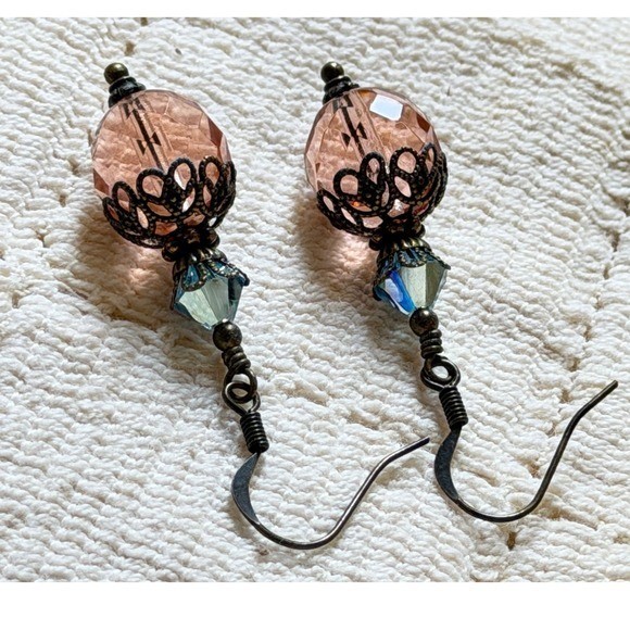 Vintage Style Peach and Blue Glass Crystal Filigree Drop Earrings Bronze Tone