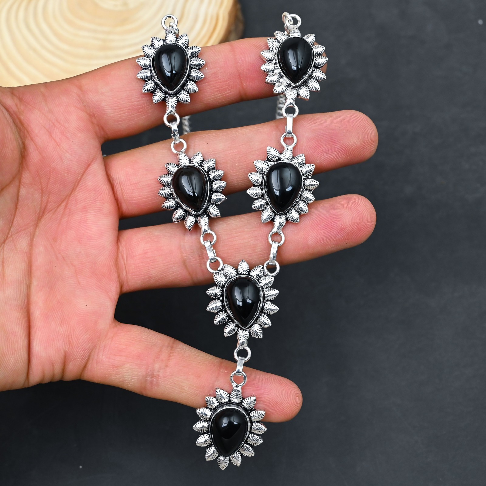 Black Onyx Gemstone Handmade 925 Sterling Silver Jewelry Necklace 17-18″