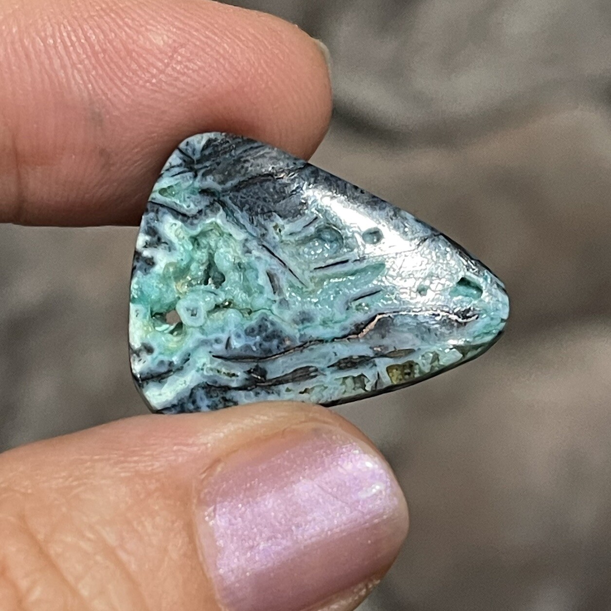 13.7ct 25×19.4×4.4mm Blue Opalized Wood Chrysocolla Triangle Cabochon Stone