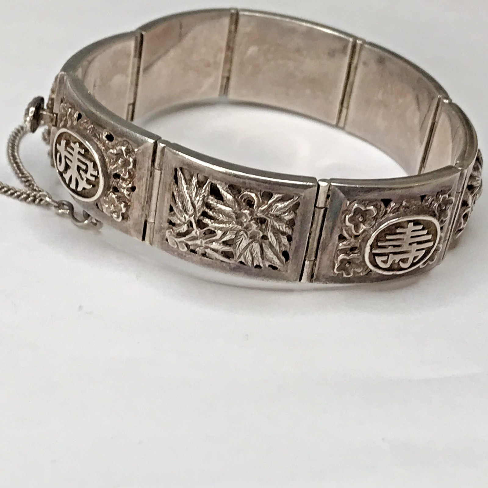 Sterling Silver Antique Chinese Character Lotus Oxidized Panel Bracelet 7″ 39.3g
